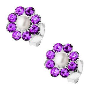 Stříbrné náušnice 925, perlička, fialové krystalky Preciosa - kvítek obraz