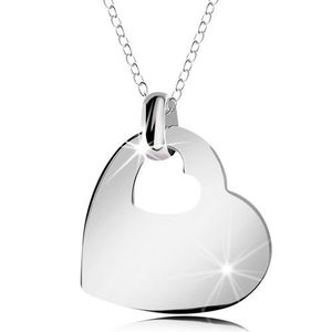 Stříbrný náhrdelník 925, lesklé srdce s výřezem ve tvaru malého srdíčka, řetízek obraz