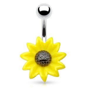 Ocelový piercing do pupíku, akrylový žlutočerný květ slunečnice obraz