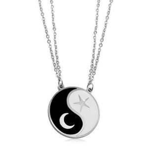 Ocelový náhrdelník, dva řetízky, černobílý symbol Jin a Jang, měsíc a hvězda obraz