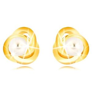 Náušnice ve žlutém 9K zlatě - tři propletené prstence, bílá sladkovodní perla, 3 mm obraz