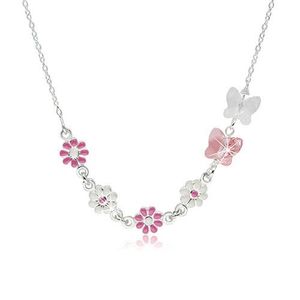 Dětský náhrdelník ze stříbra 925 - kvítky s růžovou a bílou glazurou, motýlci ze syntetických krystalů obraz
