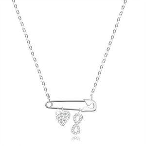 Stříbrný 925 náhrdelník - spínací špendlík s přívěsky ve tvaru srdce a vzor Infinity, čiré zirkony obraz