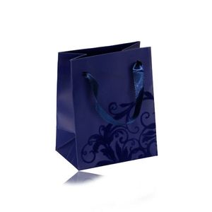 Malá papírová taštička na dárek, matný povrch v modrém odstínu, sametový ornament obraz