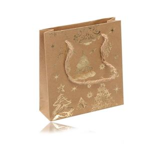 Dárková taška z papíru - hnědozlaté barvy, vánoční motiv, šňůrky obraz