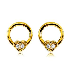 Diamantové náušnice ze žlutého 9K zlata - úzký kroužek s malým srdcem, kulaté diamanty obraz