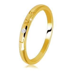 Obroučka ve žlutém 585 zlatě - prsten s vygravírovaným nápisem "LOVE", kulatý zirkon - Velikost: 49 obraz