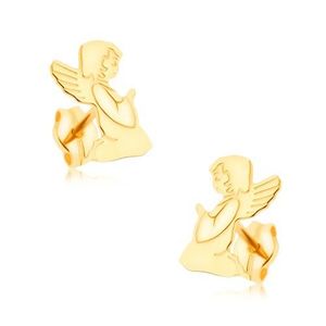 Zlaté náušnice 375 - gravírovaný modlící se andílek, zrcadlový lesk obraz