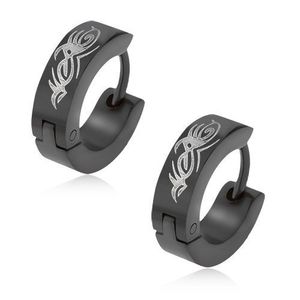 Kruhové náušnice z oceli 316L - lesklé kruhy v černém odstínu, ornament tribal obraz