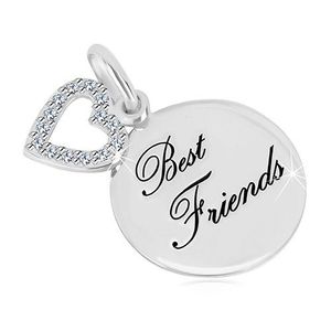 Stříbrný přívěsek 925 - lesklý kruh, nápis "Best Friends", kontura srdce se zirkony obraz