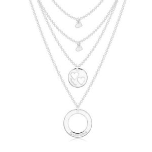 Stříbrný náhrdelník 925 - čtyři řetízky s přívěsky, kruhy a srdíčka, nápisy obraz