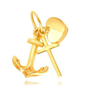 Zlatý 14K přívěsek - silueta lesklého křížku, kotvičky a vypouklého srdíčka obraz