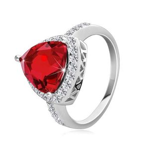 Stříbrný 925 prsten, mohutný červený zirkon - trojúhelník, drobné zirkony, výřezy - Velikost: 48 obraz