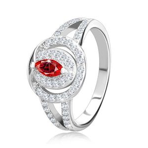 Stříbrný prsten 925, mohutná ozdoba - čirá zirkonová obruč s červeným zirkonovým zrnkem, zdvojená ramena - Velikost: 49 obraz