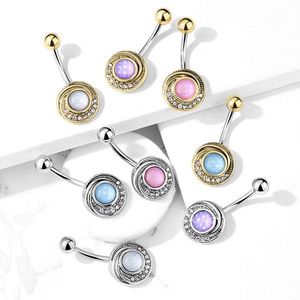 Piercing do pupíku z oceli - vypouklý kruh s čirými krystaly a barevným epoxidovým kamenem - Barva piercing: Zlatá - fialová obraz