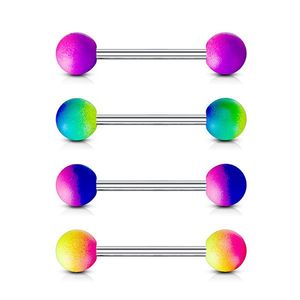Piercing z oceli 316L do jazyka - činka s dvoubarevnými pogumovanými kuličkami - Barva piercing: Fialová - Růžová obraz