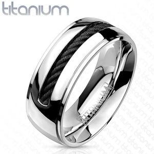 Široký titanový prsten - obroučka stříbrné barvy, točený pásek uprostřed - Velikost: 67 obraz