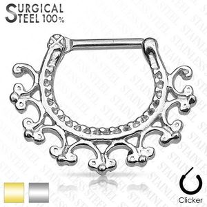 Piercing do nosní přepážky z chirurgické oceli - kulatý segment s ornamenty, zapínání na patentku - Barva: Stříbrná obraz