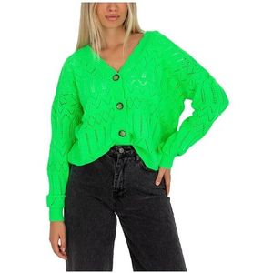 Neonově zelený háčkovaný svetr na knoflíčky obraz