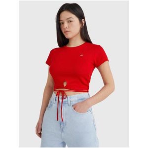 Červené dámské žebrované cropped tričko se zavazováním v pase Tommy Jeans obraz