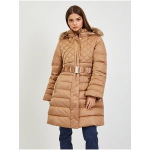 Hnědý dámský péřový zimní kabát s odepínací kapucí a kožíškem Guess Lolie obraz