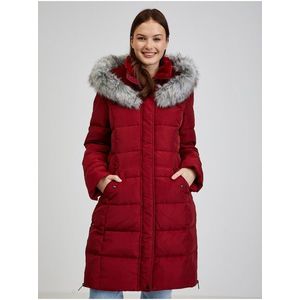Vínový dámský péřový zimní kabát s kapucí a umělým kožíškem ORSAY obraz