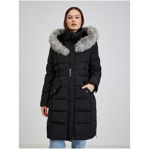 Černý dámský péřový zimní kabát s kapucí a umělým kožíškem ORSAY obraz