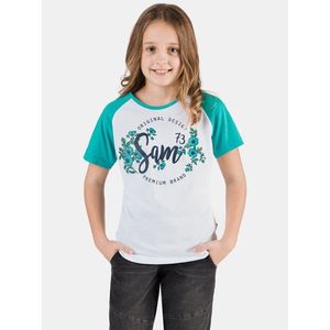 Zeleno-bílé holčičí tričko s potiskem SAM 73 obraz