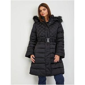 Černý dámský péřový zimní kabát s odepínací kapucí a kožíškem Guess Lolie obraz
