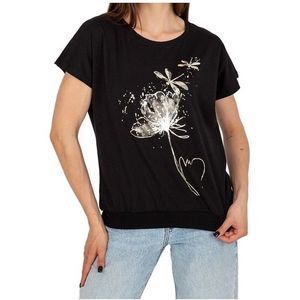 černé dámské tričko s potiskem květiny obraz