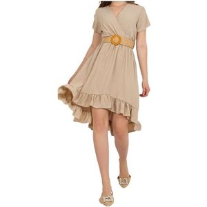 Béžové letní midi šaty s krátkým rukávem a volánem obraz