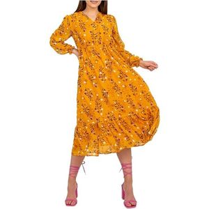 Tmavě žluté květinové midi šaty s dlouhými rukávy obraz