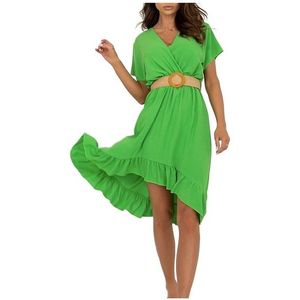 Světle zelené midi šaty s asymetrickým střihem a volánky obraz