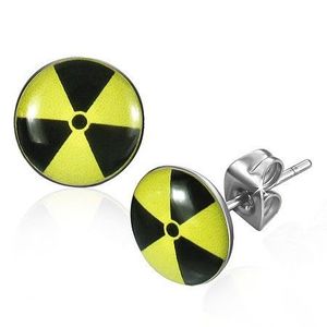 Kulaté ocelové náušnice - žlutočerný nukleární symbol obraz