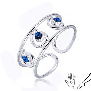 Stříbrný prsten 925 na ruku nebo nohu, tři modré zirkony ve spirálách obraz
