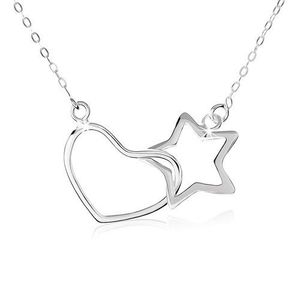 Stříbrný náhrdelník 925, oválná očka řetízku, obrys hvězdy a srdce obraz