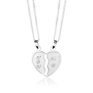 Stříbrný 925 náhrdelník, dvojpřívěsek - přelomené srdce, nápisy "YOU" a "ME" obraz