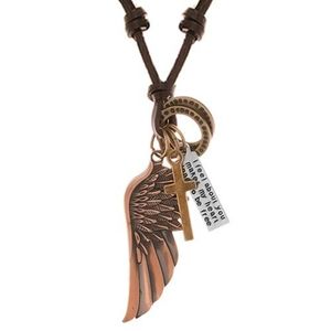 Nastavitelný kožený náhrdelník, přívěsky - andělské křídlo, kruhy, kříž a známka obraz