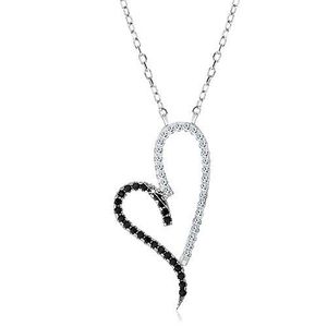 Stříbrný náhrdelník 925, obrys asymetrického srdce, čiré a černé zirkonky obraz
