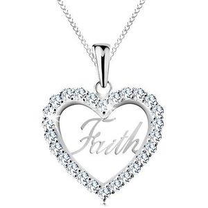 Stříbrný 925 náhrdelník, zirkonový obrys srdce, nápis Faith, tenký řetízek obraz