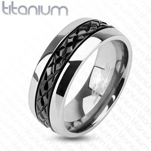 Lesklý titanový prsten stříbrné barvy, příčné zářezy na černém pásu, 8 mm - Velikost: 60 obraz