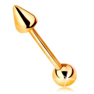 Zlatý 9K piercing - lesklá rovná činka s kuličkou a kuželem, 10 mm obraz