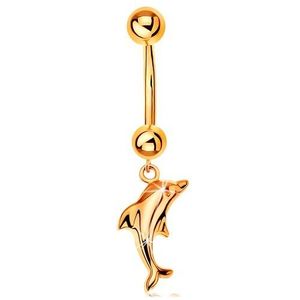 Zlatý 585 piercing do pupíku - banánek se dvěma kuličkami a visící lesklý delfín obraz