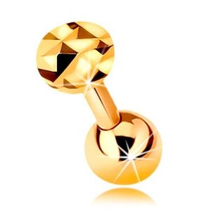 Zlatý 14K piercing do ucha - lesklá rovná činka s kuličkou a broušeným kolečkem, 5 mm obraz