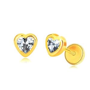 Náušnice ze žlutého zlata 585 - lesklý obrys symetrického srdce, srdíčkovitý zirkon obraz
