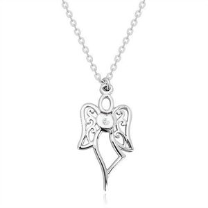 Stříbrný náhrdelník 925 - vyřezávaný anděl, srdce s čirým diamantem obraz