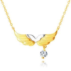 Zlatý kombinovaný náhrdelník 585 - andělská křídla, kulatý zirkon čiré barvy obraz