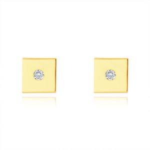 Diamantové náušnice ze 14K žlutého zlata - hladký lesklý čtvereček, drobný briliant obraz
