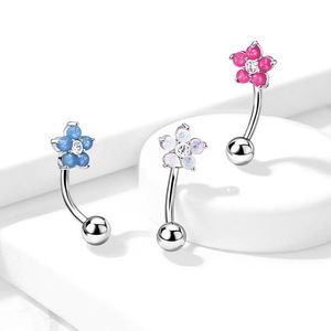 Zahnutý piercing do obočí z oceli - barevný květ se syntetickým opálem, čirý zirkon - Barva: Bílá obraz