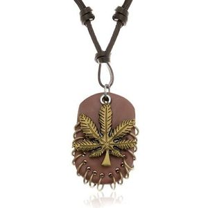 Náhrdelník z umělé kůže, přívěsky - zlatý list marihuany, ovál s kroužky obraz